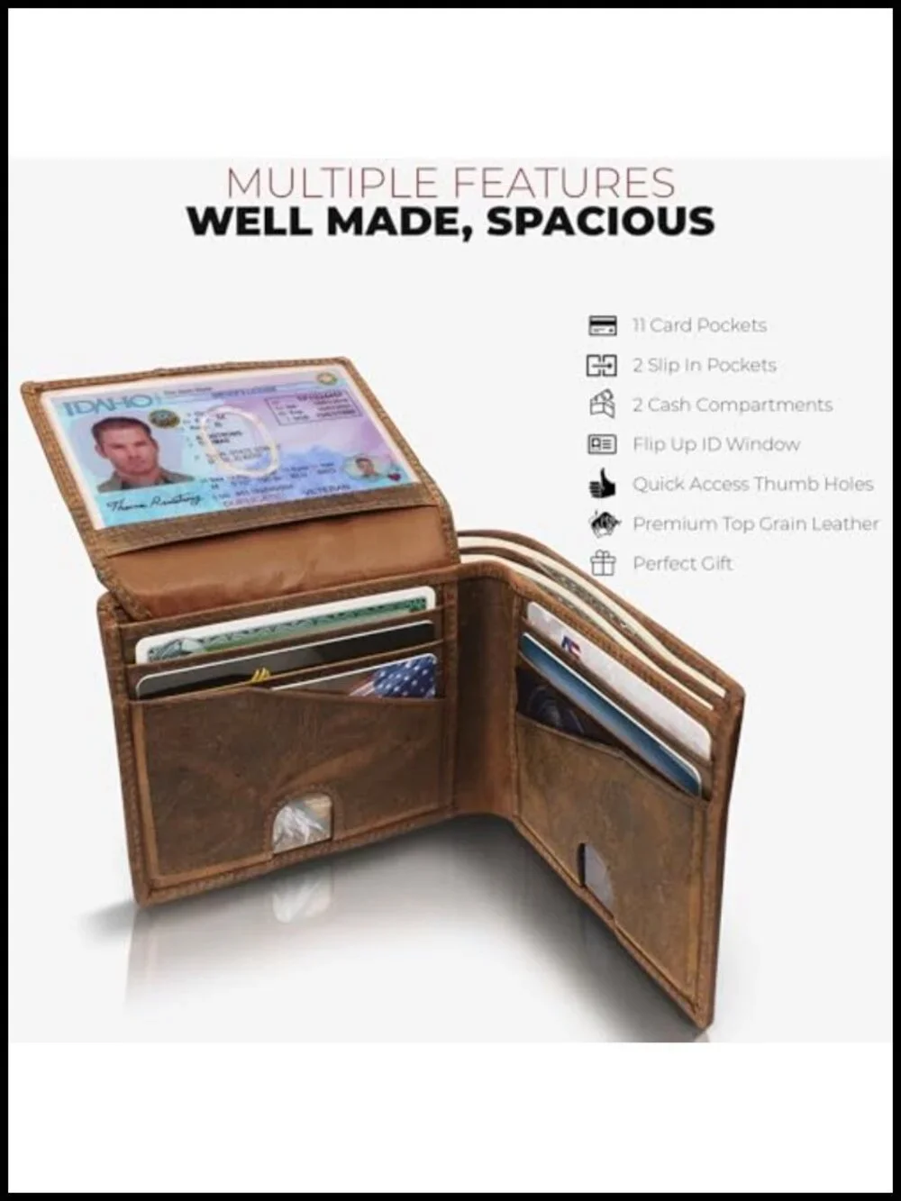 RFID Blocking Bifold Genuine Cow Leather Wallet with Flip Up ID
